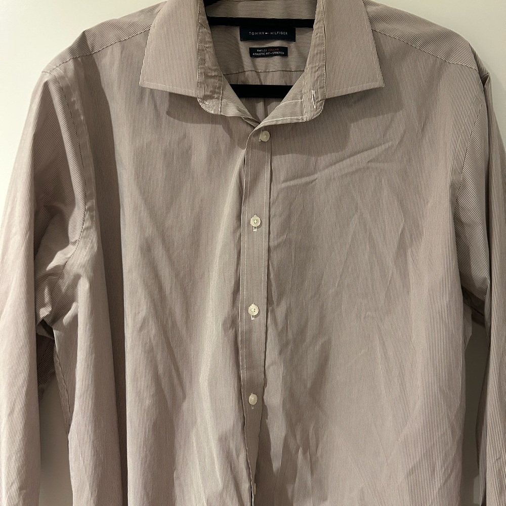 Men's Tommy Hilfiger Striped Beige Shirt Athletic Fit 17 32/33